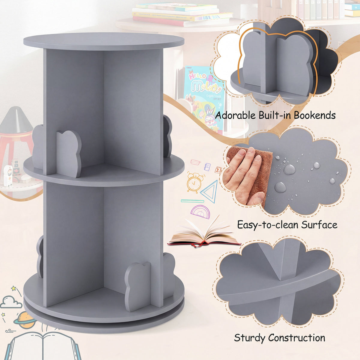 2 Tier Freestanding Kids Rotating Bookshelf Storage Rack with Bear Baffles-Gray