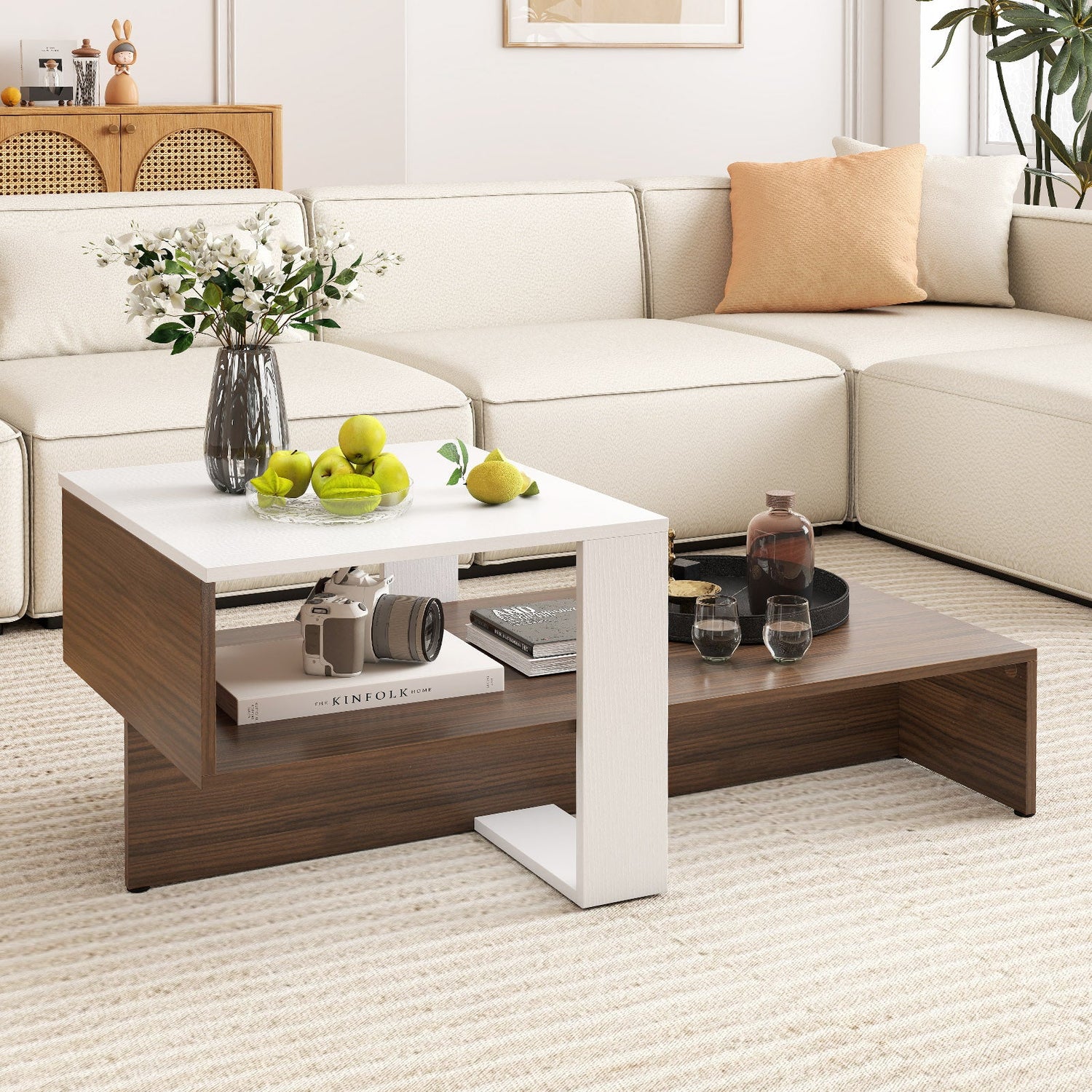 2-Tier Geometric Coffee Table with Storage Shelves for Living Room and Reception Room-White and Brown by DirectDeals