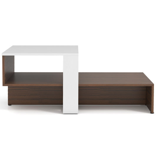 2-Tier Geometric Coffee Table with Storage Shelves for Living Room and Reception Room-White and Brown