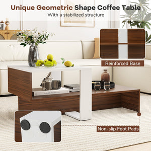 2-Tier Geometric Coffee Table with Storage Shelves for Living Room and Reception Room-White and Brown by DirectDeals