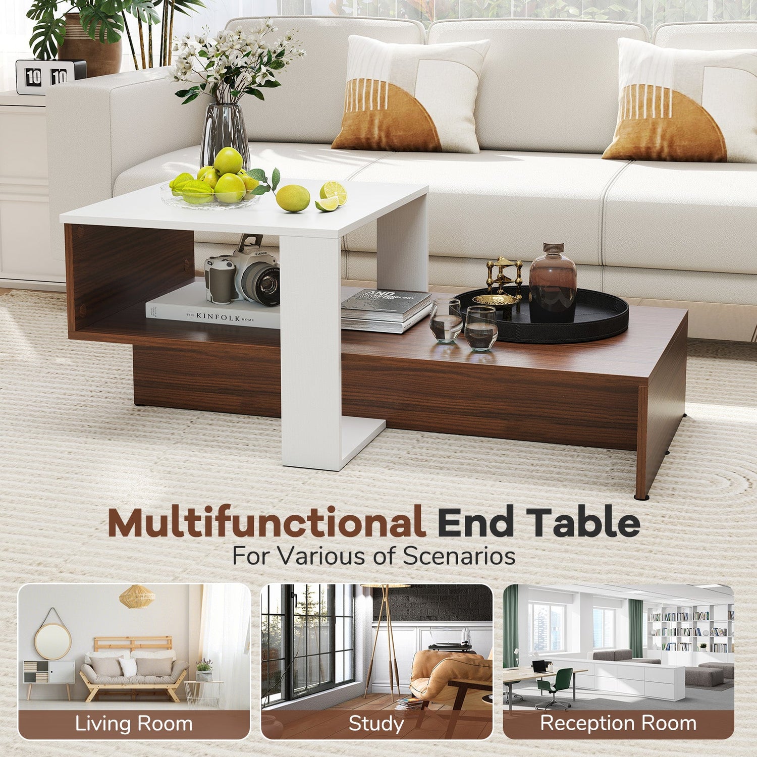 2-Tier Geometric Coffee Table with Storage Shelves for Living Room and Reception Room-White and Brown by DirectDeals