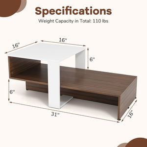 2-Tier Geometric Coffee Table with Storage Shelves for Living Room and Reception Room-White and Brown by DirectDeals