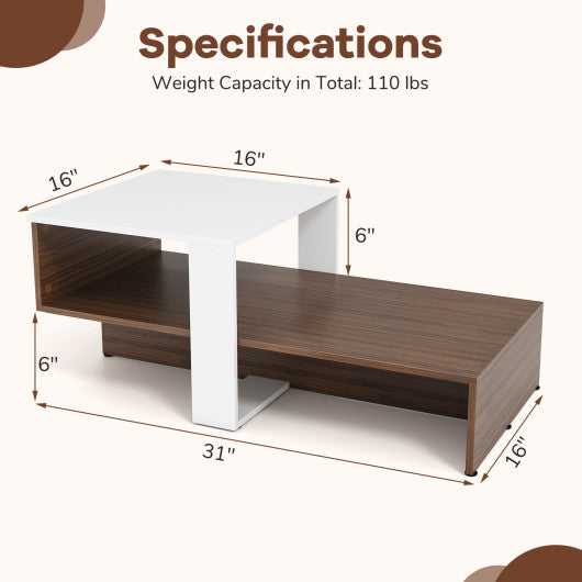 2-Tier Geometric Coffee Table with Storage Shelves for Living Room and Reception Room-White and Brown