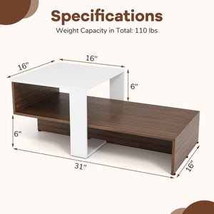 2-Tier Geometric Coffee Table with Storage Shelves for Living Room and Reception Room-White and Brown