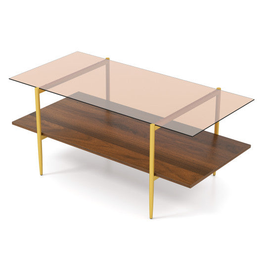 2-Tier Glass Coffee Table with Tampered Glass Tabletop and Open Storage Shelf-Brown