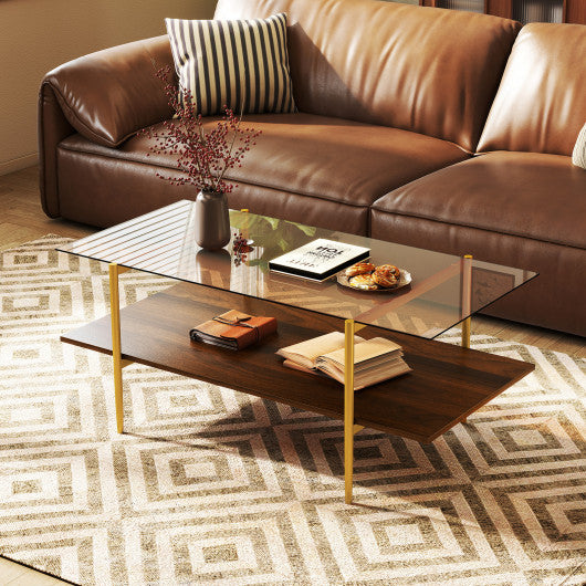 Mid Century Modern Rectangle Coffee Table 2-Tier Accent Table with 2 Open Compartments-Rustic Brown