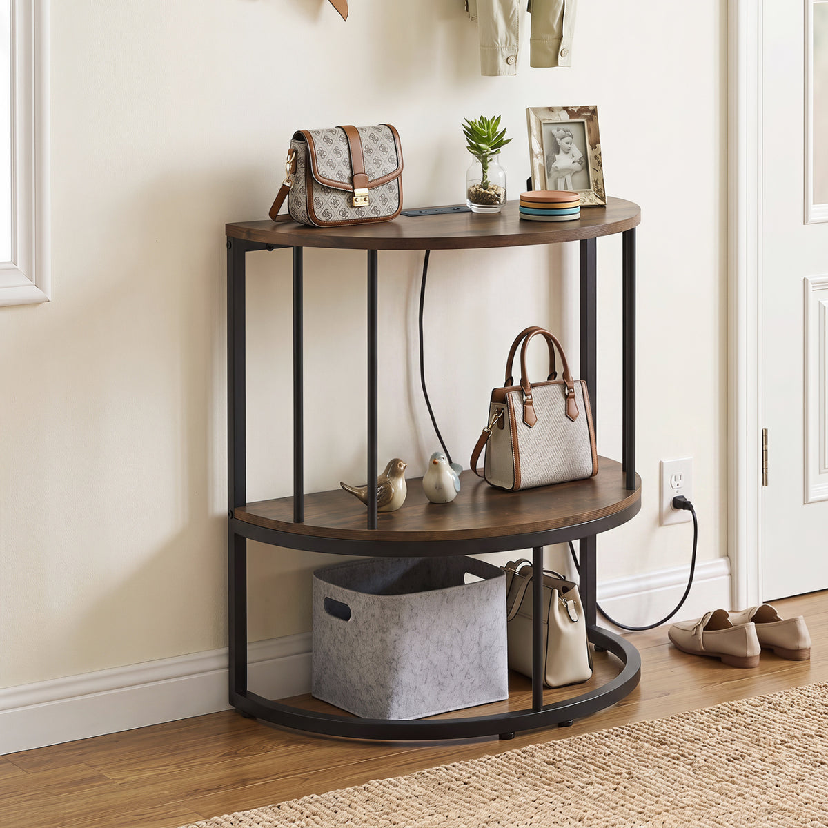 2-Tier Half Moon Console Table with Power Outlets and Storage Shel for Hallway-Rustic Brown