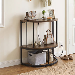 2-Tier Half Moon Console Table with Power Outlets and Storage Shel for Hallway-Rustic Brown