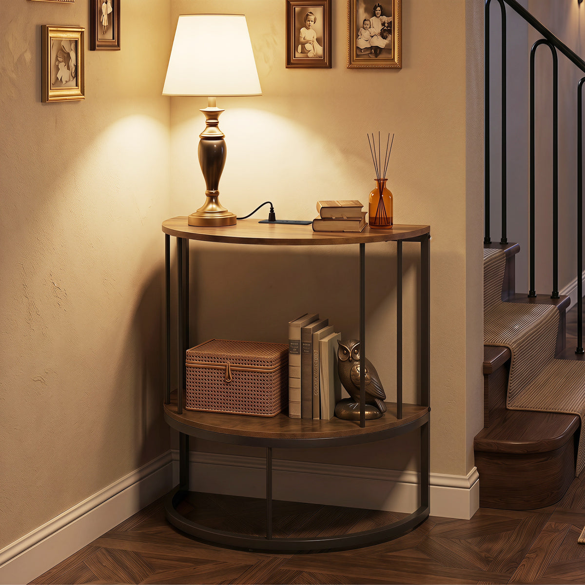 2-Tier Half Moon Console Table with Power Outlets and Storage Shel for Hallway-Rustic Brown
