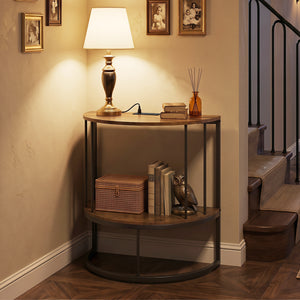 2-Tier Half Moon Console Table with Power Outlets and Storage Shel for Hallway-Rustic Brown