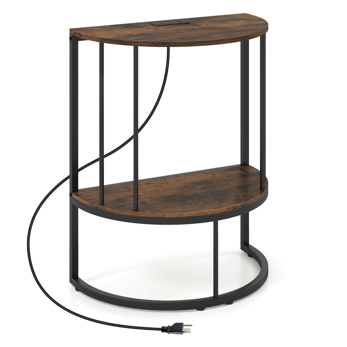 2-Tier Half Moon Console Table with Power Outlets and Storage Shel for Hallway-Rustic Brown
