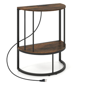 2-Tier Half Moon Console Table with Power Outlets and Storage Shel for Hallway-Rustic Brown