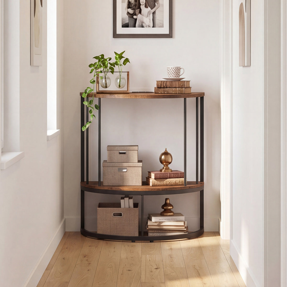 2-Tier Half Moon Console Table with Power Outlets and Storage Shel for Hallway-Rustic Brown