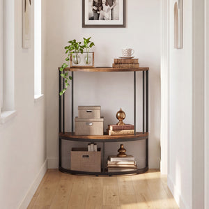 2-Tier Half Moon Console Table with Power Outlets and Storage Shel for Hallway-Rustic Brown