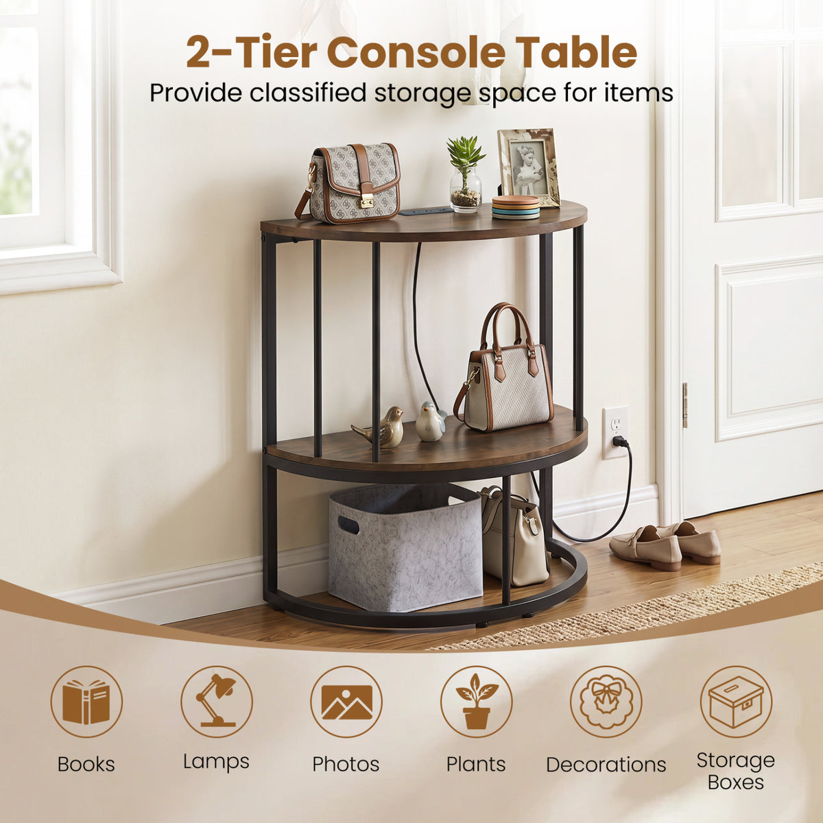 2-Tier Half Moon Console Table with Power Outlets and Storage Shel for Hallway-Rustic Brown