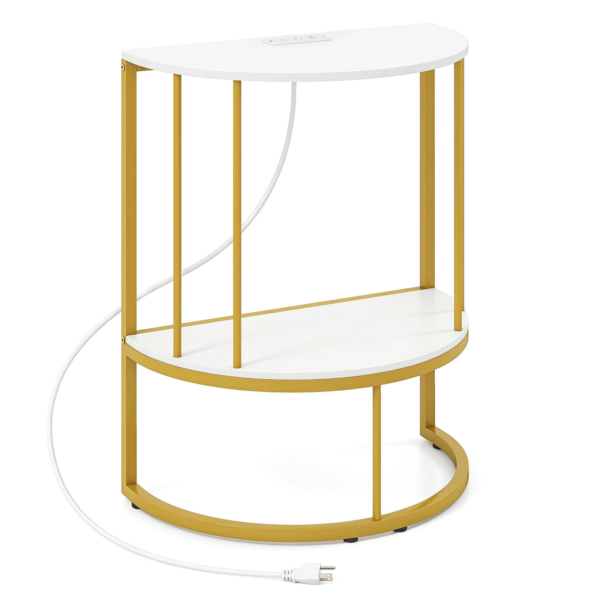 2-Tier Half Moon Console Table with Power Outlets and Storage Shel for Hallway-White