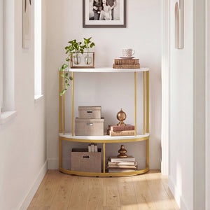 2-Tier Half Moon Console Table with Power Outlets and Storage Shel for Hallway-White