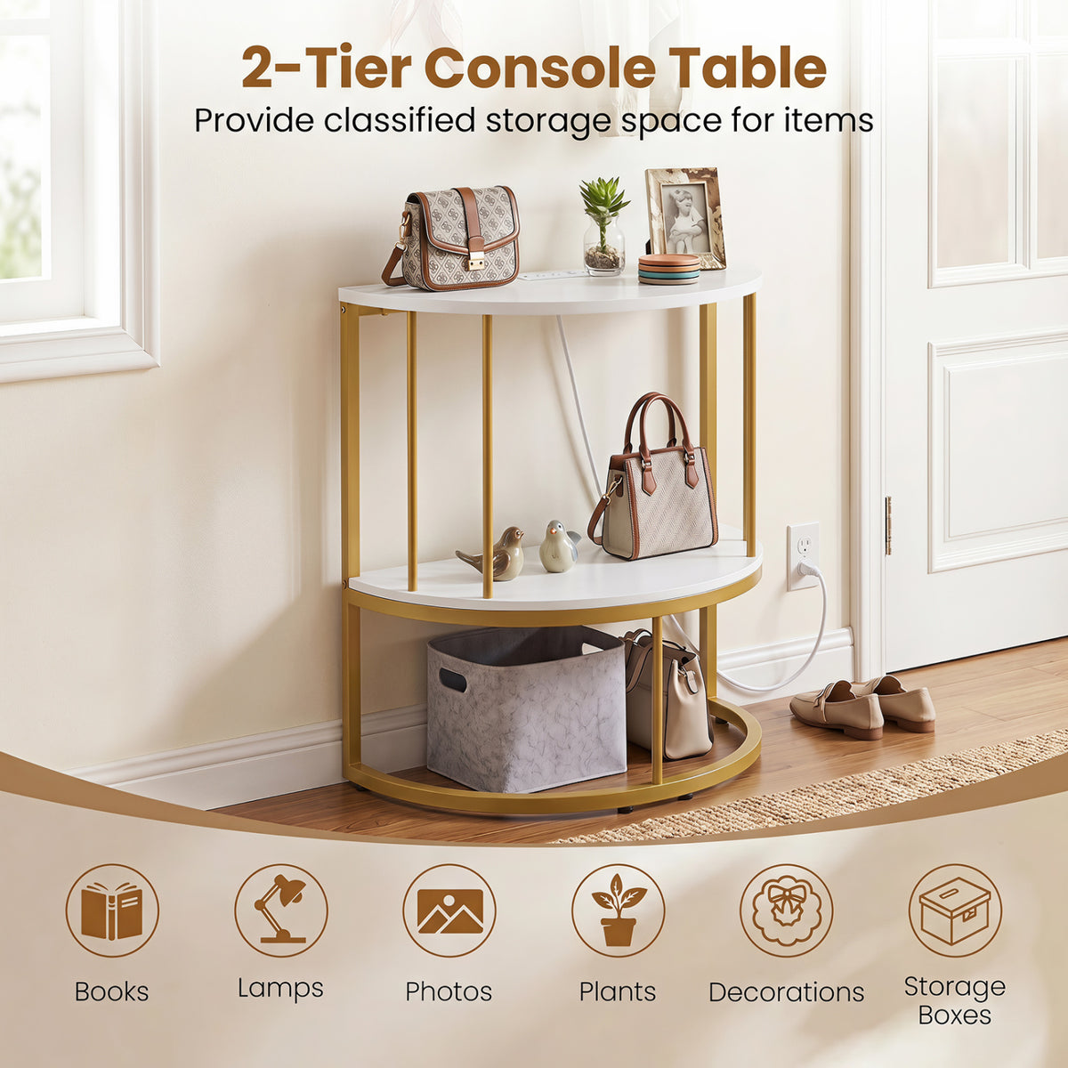2-Tier Half Moon Console Table with Power Outlets and Storage Shel for Hallway-White