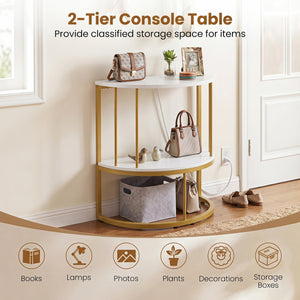 2-Tier Half Moon Console Table with Power Outlets and Storage Shel for Hallway-White