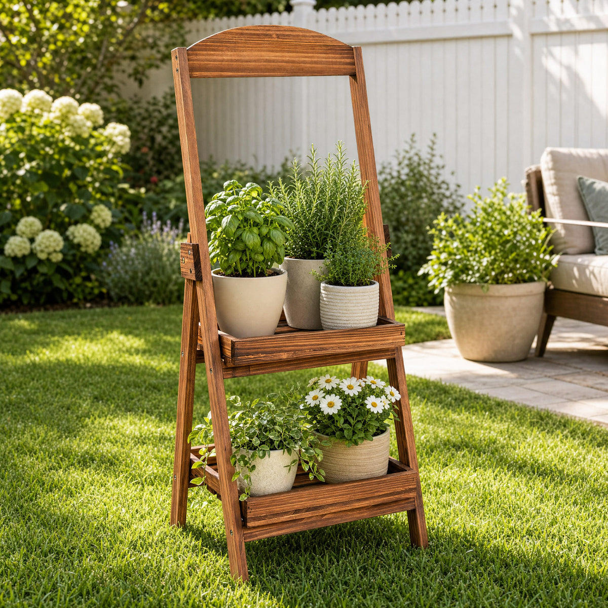 2-Tier Ladder Shelf Rustic Plant Stand with Fir Wood Frame-Rusticbrown