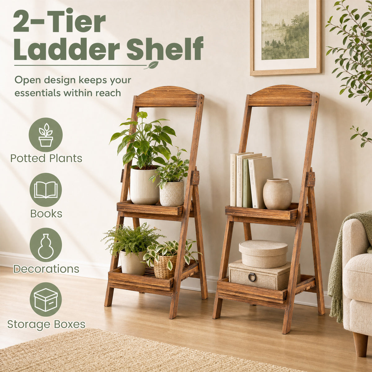 2-Tier Ladder Shelf Rustic Plant Stand with Fir Wood Frame-Rusticbrown
