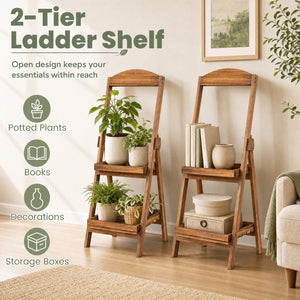 2-Tier Ladder Shelf Rustic Plant Stand with Fir Wood Frame-Rusticbrown