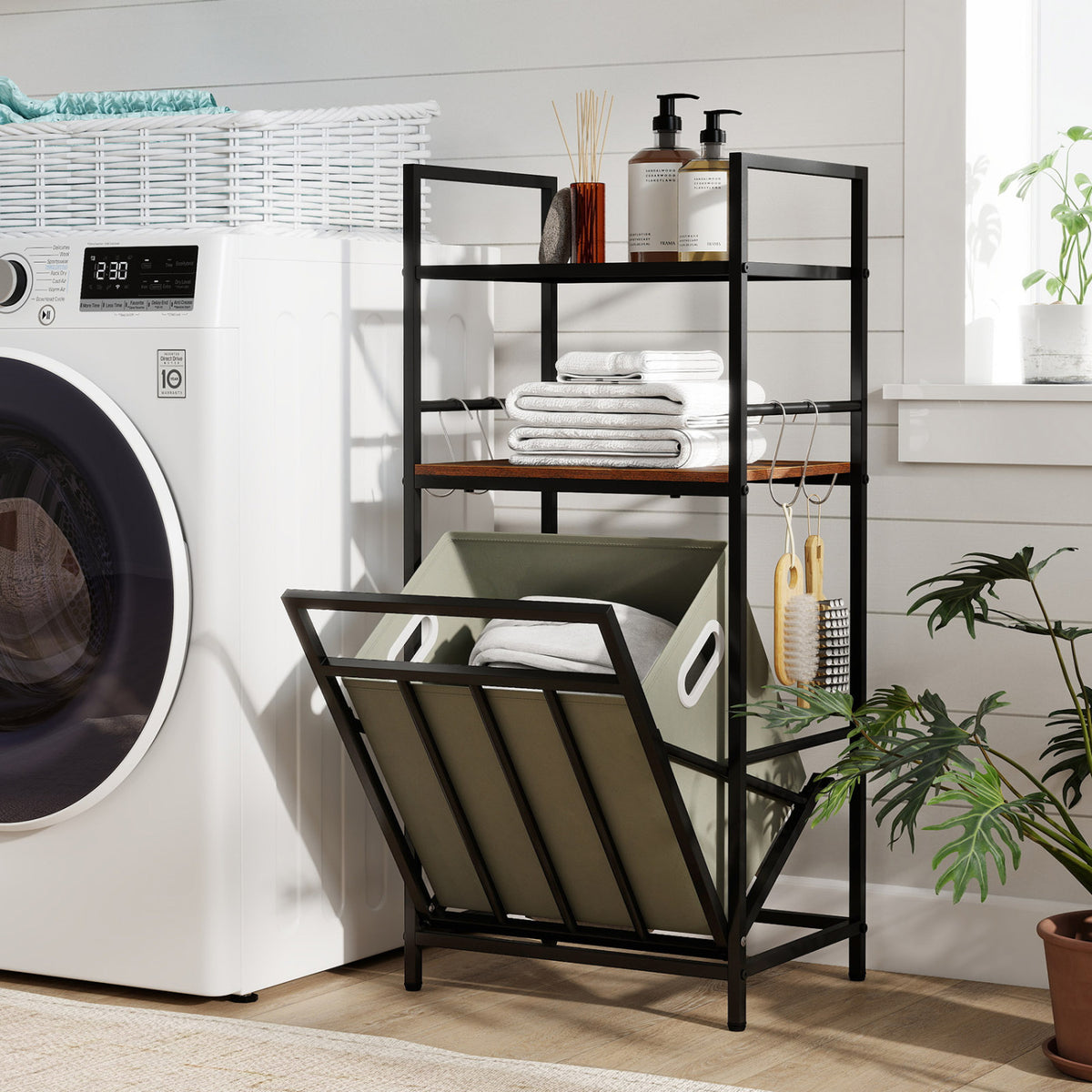 2-Tier Laundry Hamper with Tilt-out Basket-Black