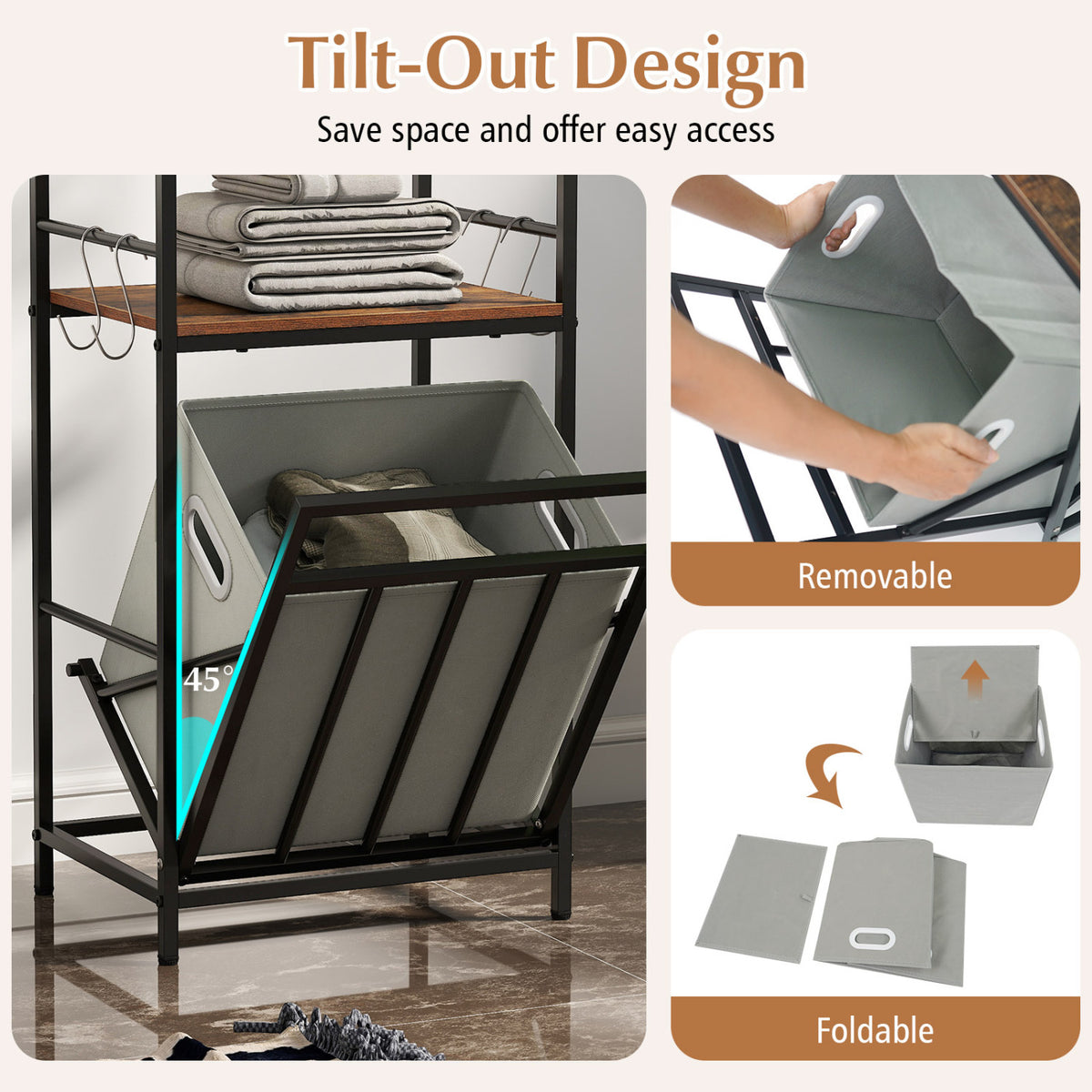 2-Tier Laundry Hamper with Tilt-out Basket-Black