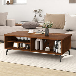 2-Tier Mid Century Modern Coffee Table with Storage Shelves Compartments-Walnut