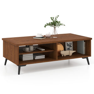 2-Tier Mid Century Modern Coffee Table with Storage Shelves Compartments-Walnut