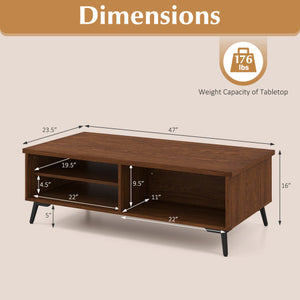 2-Tier Mid Century Modern Coffee Table with Storage Shelves Compartments-Walnut