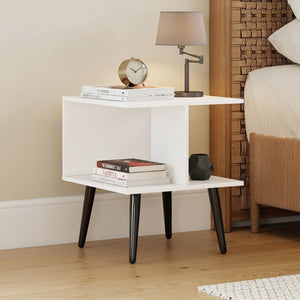 2-Tier Mid Century Modern End Table with 2 Compartments and Metal Legs-White