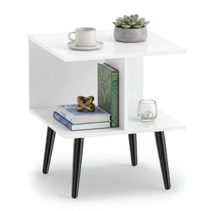 2-Tier Mid Century Modern End Table with 2 Compartments and Metal Legs-White