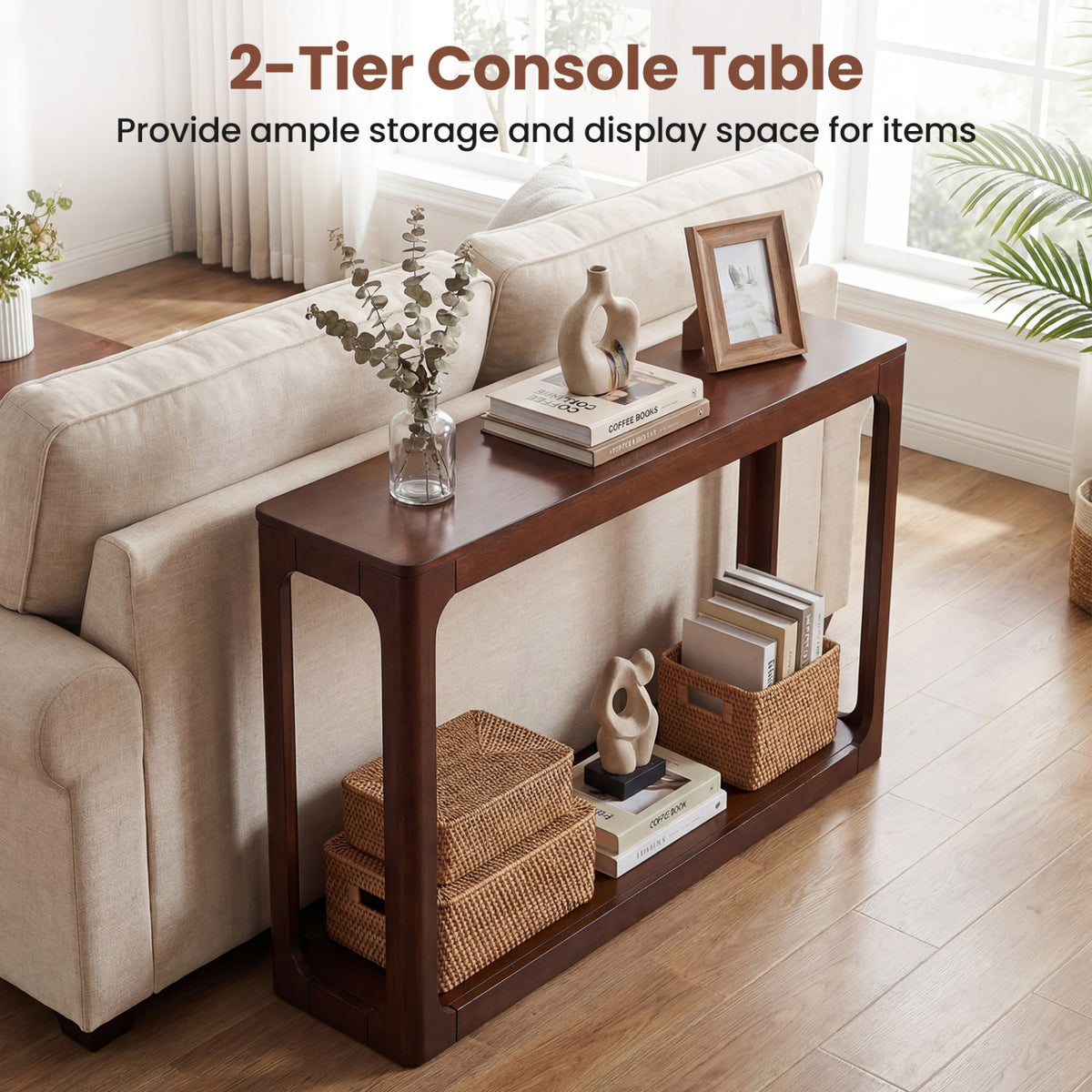 2-Tier Mid Century Wood Console Table with Storage Shelf-Brown