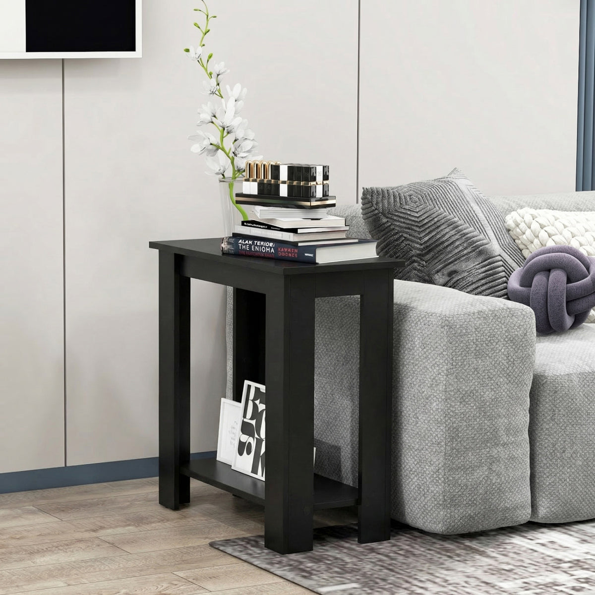 2-Tier Modern Compact End Table with Storage Shelf-Black
