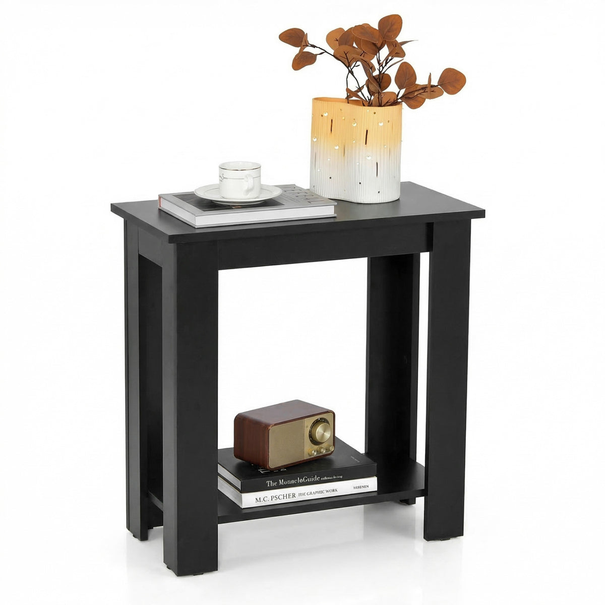 2-Tier Modern Compact End Table with Storage Shelf-Black