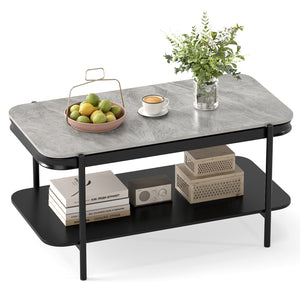2-Tier Modern Rectangular Coffee Table with Sintered Stone Top-Gray
