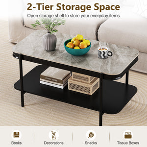 2-Tier Modern Rectangular Coffee Table with Sintered Stone Top-Gray