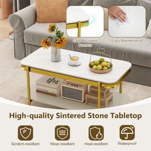2-Tier Modern Rectangular Coffee Table with Sintered Stone Top-White
