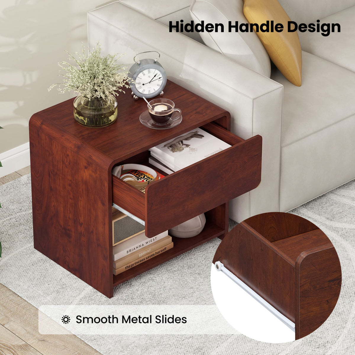 2-Tier Modern Style Nightstand with Drawer and Open Shelf for Bedroom-Walnut