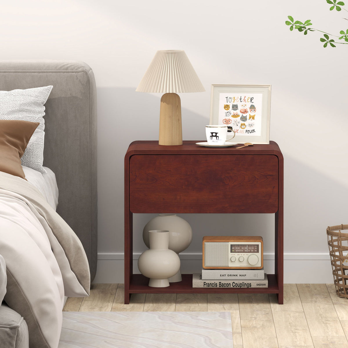 2-Tier Modern Style Nightstand with Drawer and Open Shelf for Bedroom-Walnut