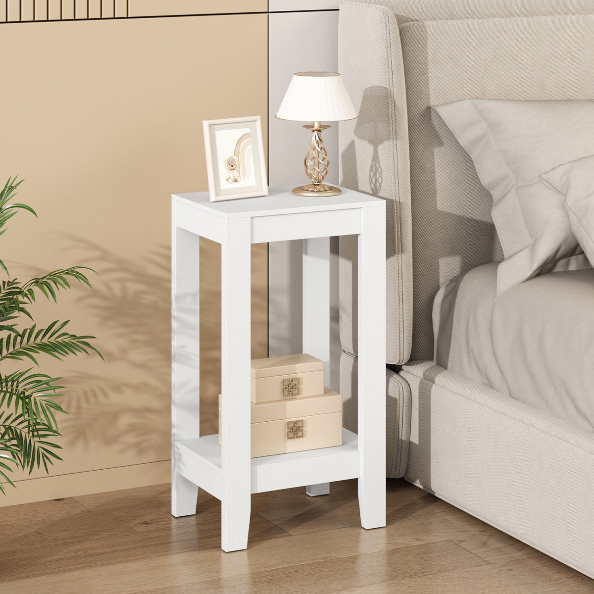 2-Tier Nightstand End Side Wooden Legs Table for Bedroom-White