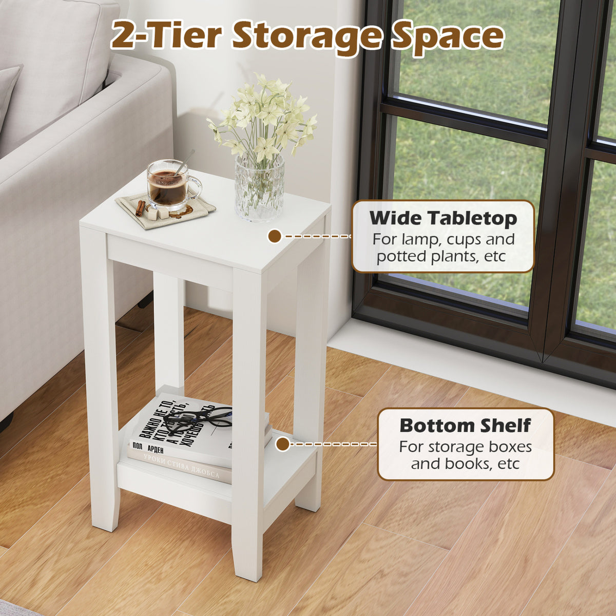 2-Tier Nightstand End Side Wooden Legs Table for Bedroom-White