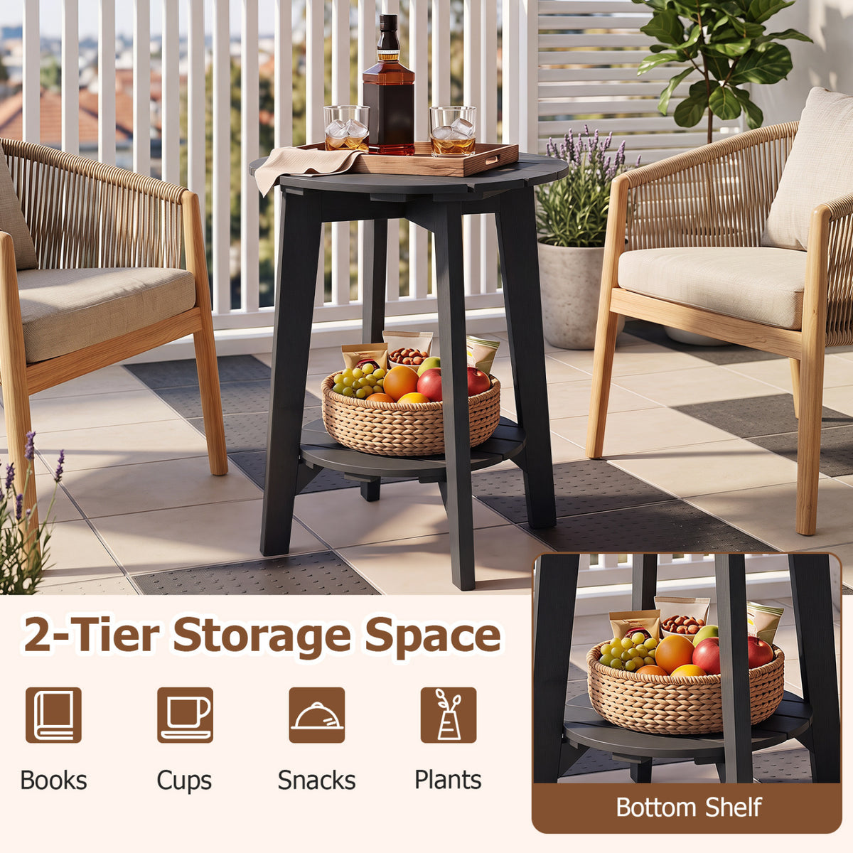 2-Tier Outdoor Eucalyptus Wood Side Table with Slatted Tabletop and Storage Shelf for Backyard-Black