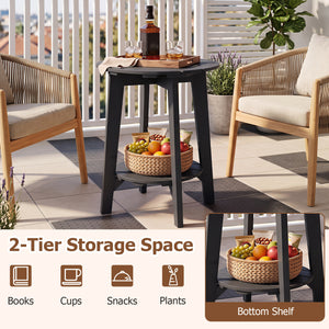 2-Tier Outdoor Eucalyptus Wood Side Table with Slatted Tabletop and Storage Shelf for Backyard-Black