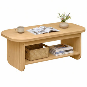 2-Tier Oval Coffee Table for Living Room Mid Century Center Table with Bottom Storage Shelf-Natural