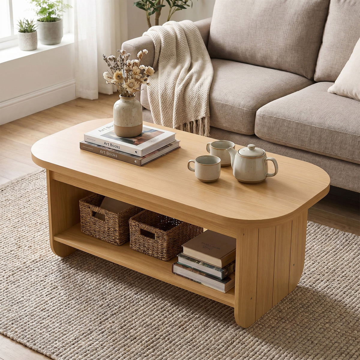 2-Tier Oval Coffee Table for Living Room Mid Century Center Table with Bottom Storage Shelf-Natural