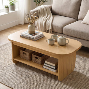 2-Tier Oval Coffee Table for Living Room Mid Century Center Table with Bottom Storage Shelf-Natural
