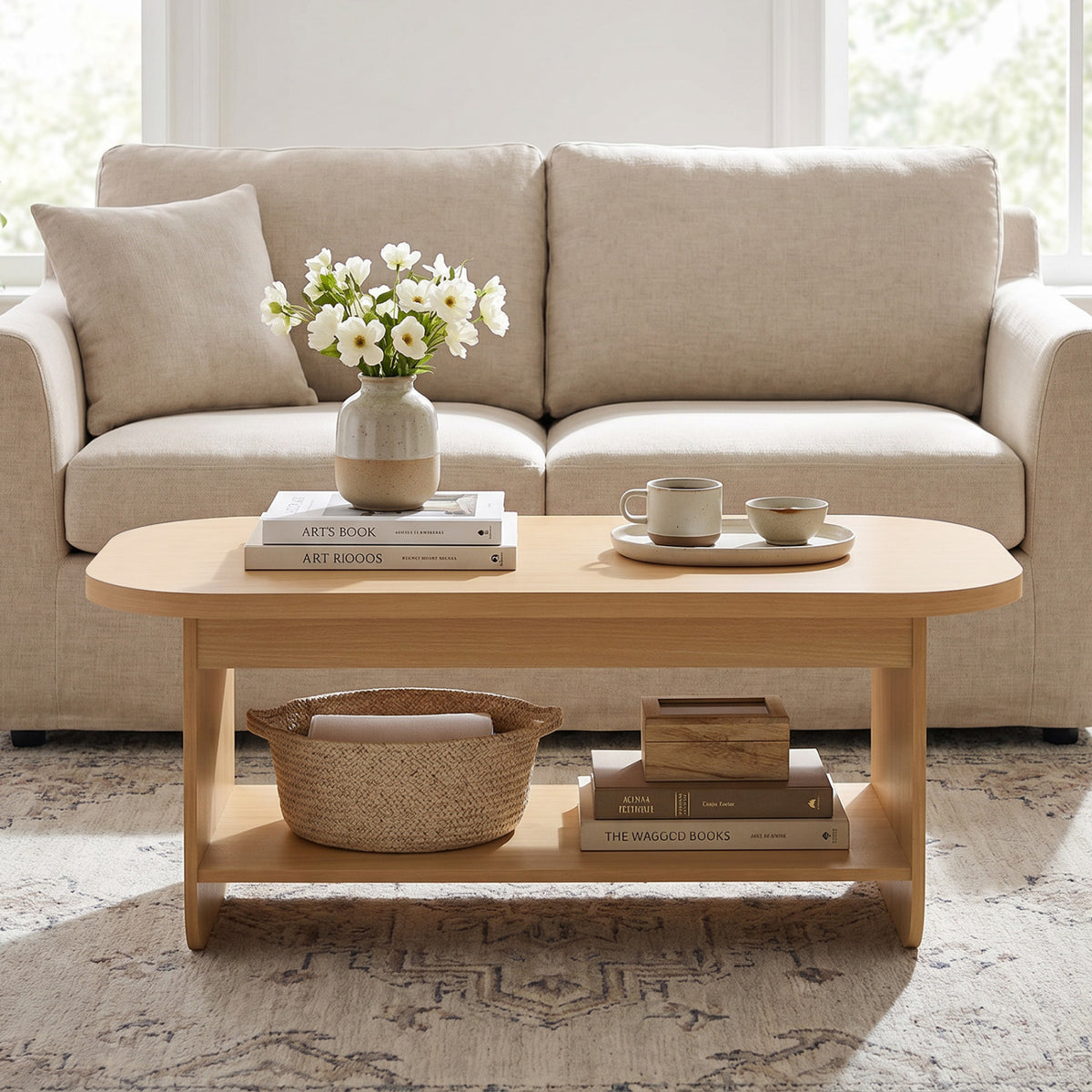2-Tier Oval Coffee Table for Living Room Mid Century Center Table with Bottom Storage Shelf-Natural