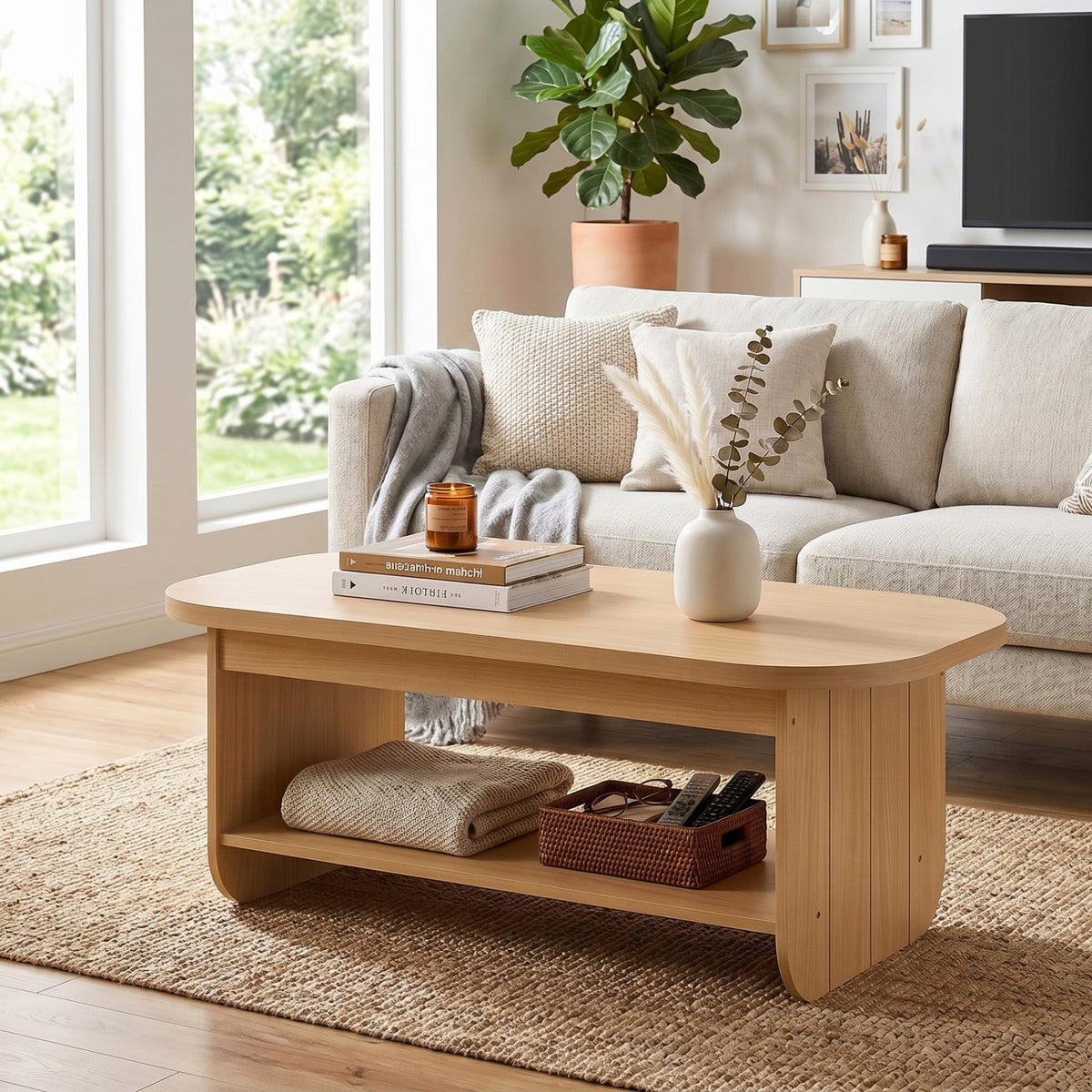 2-Tier Oval Coffee Table for Living Room Mid Century Center Table with Bottom Storage Shelf-Natural